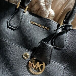 Michael Kors Black Leather Tote with Gold Accents